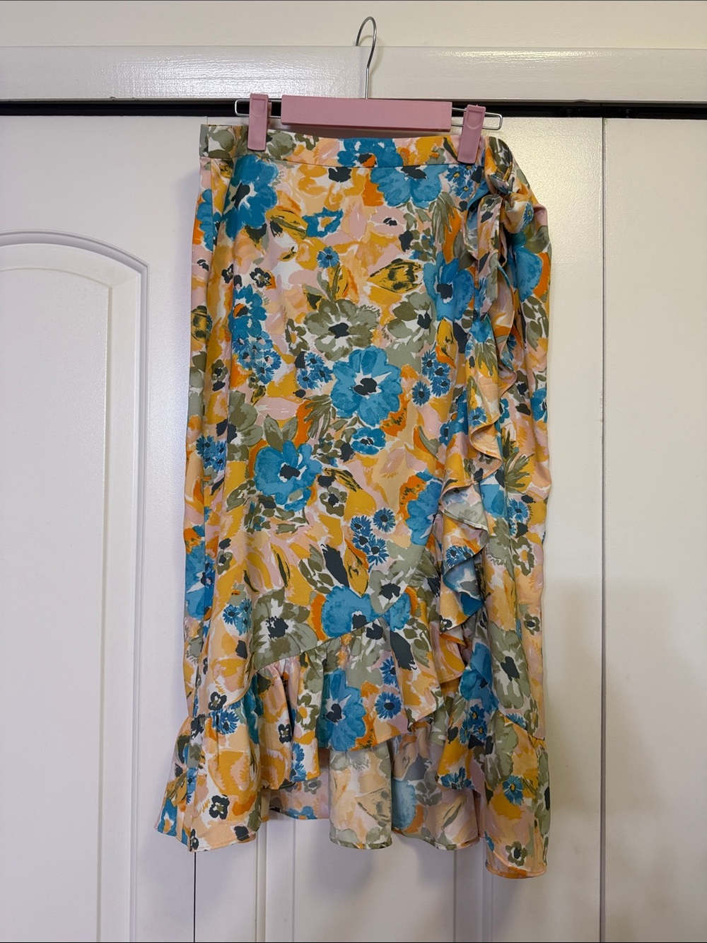 LOFT Blue & Peach Floral High-Low Wrap Skirt